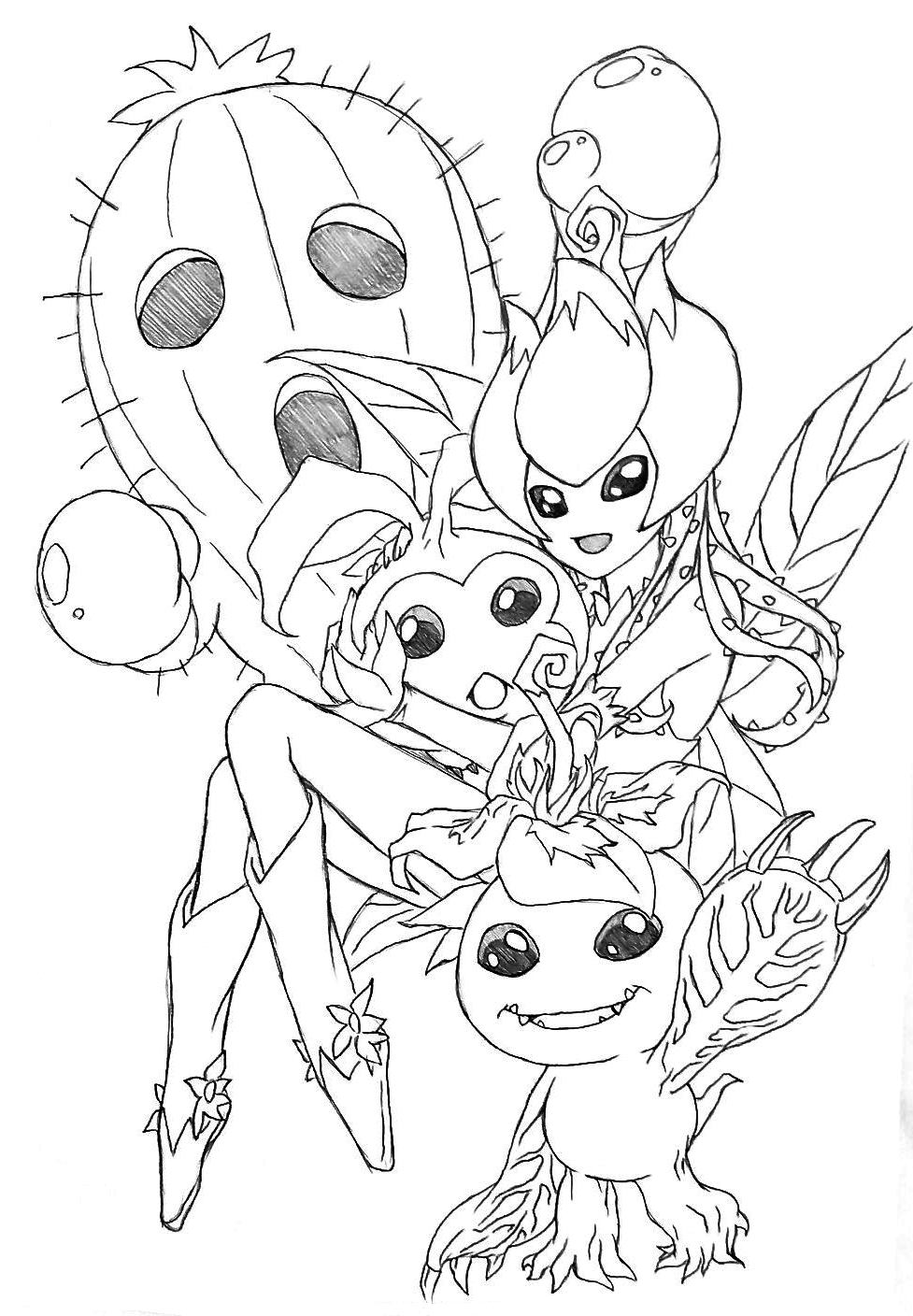 lilimon, palmon, tanemon, togemon, digimon, highres, boxing gloves, cactus, digimon (creature), flower, monster girl, petals, pixiv user (114189509), plant, plant girl, sharp teeth, tail, teeth