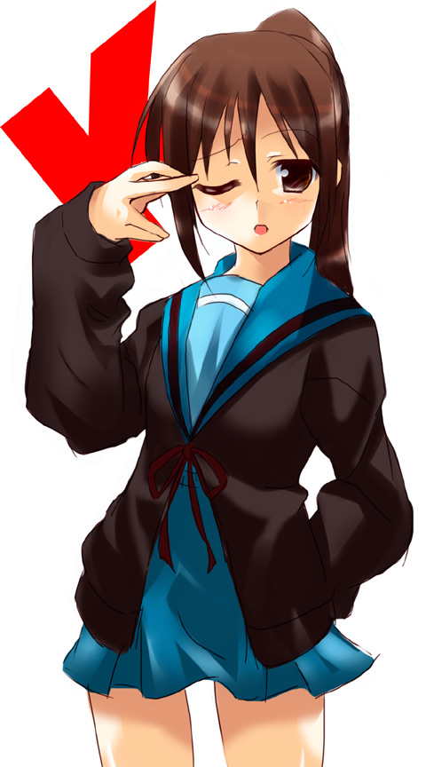 iga tamaki, kyonko, suzumiya haruhi no yuuutsu, 00s, 1girl, ;o, blazer, blue sky, blush, brown hair, female focus, genderswap, genderswap (mtf), hand in pocket, jacket, looking at viewer, one eye closed, parted lips, ponytail, sailor collar, school uniform, serafuku, simple background, sky, solo, white background