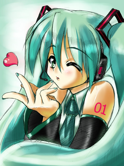 iga tamaki, hatsune miku, vocaloid, tagme, green hair, one eye closed, solo, twintails, wink