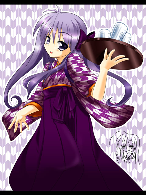 iga tamaki, hiiragi kagami, izumi konata, bashamichi, lucky star, 00s, 2girls, :3, arrow print, cup, dress, glass, japanese clothes, multiple girls, print dress, purple hair, solo focus, tasuki, tray, waitress, yagasuri