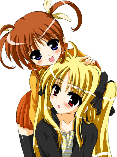 iga tamaki, fate testarossa, takamachi nanoha, lyrical nanoha, mahou shoujo lyrical nanoha, 00s, 2girls, blonde hair, multiple girls, orange shirt, shirt, thighhighs