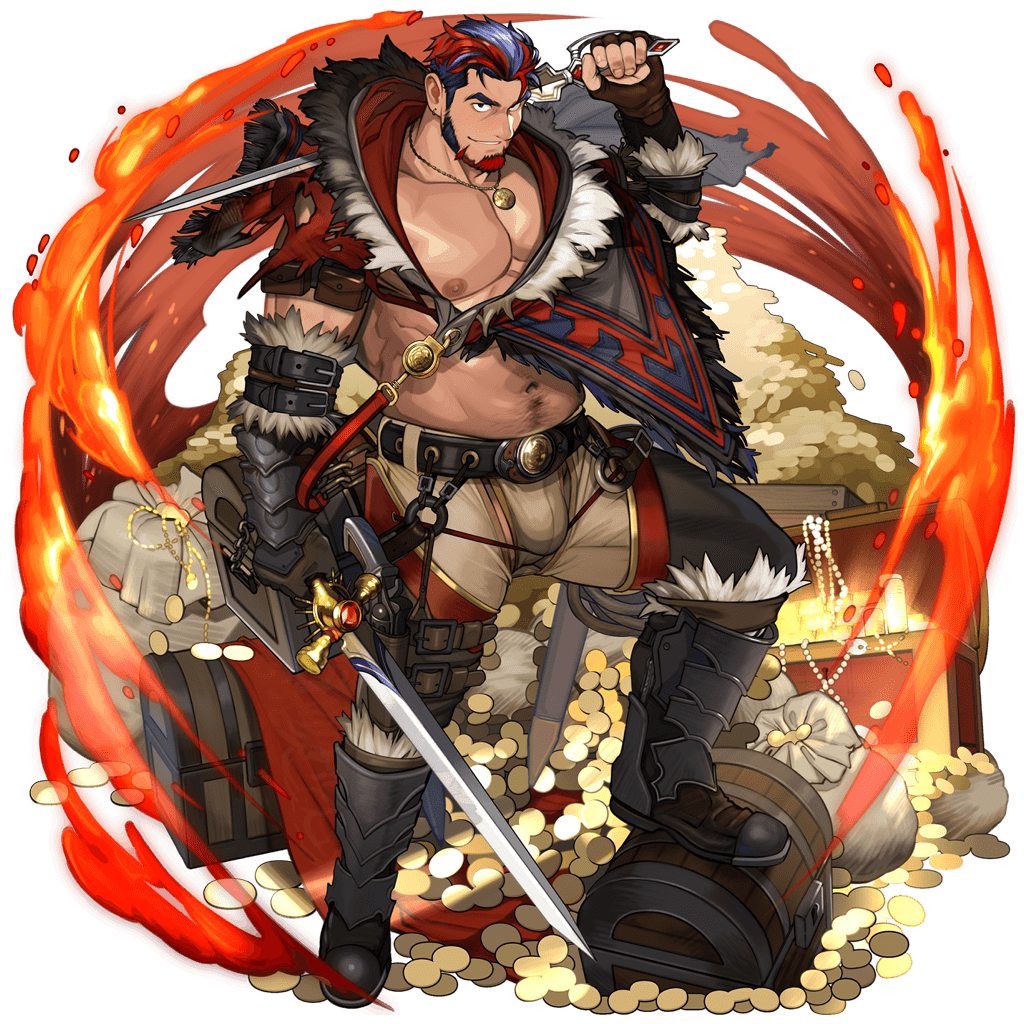 tarutoru, crave saga, official art, 1boy, armband, bag, bara, bare pectorals, beard, belt, black eyes, blue hair, boots, brown boots, brown gloves, captain morgan pose, chinstrap beard, coin, dual wielding, earrings, facial hair, fingerless gloves, fire, full body, gauntlets, gloves, gold coin, grin, holding, holding sword, holding weapon, holster, jewelry, large pectorals, male focus, multicolored hair, multiple belts, muscular, muscular male, navel, nipples, pectorals, pendant, pubic hair, red hair, red poncho, scabbard, sheath, shin guards, shiny skin, single earring, skindentation, smile, solo, sword, tesoro (crave saga), thick eyebrows, thick thighs, thigh holster, thighs, transparent background, treasure chest, two-tone beard, two-tone hair, weapon