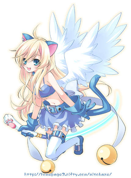 moru, trickster (ntreev soft), 10s, 1girl, angel wings, animal ears, blue shoes, cat ears, female focus, shoes, solo, thighhighs, wings
