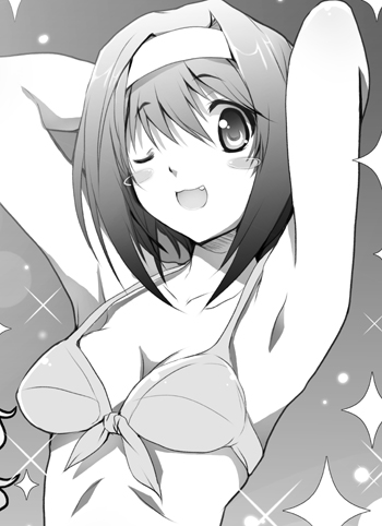 kashi, original, lowres, 1girl, armpits, bikini, blush stickers, fang, female focus, glitter, greyscale, hairband, monochrome, one eye closed, solo, swimsuit