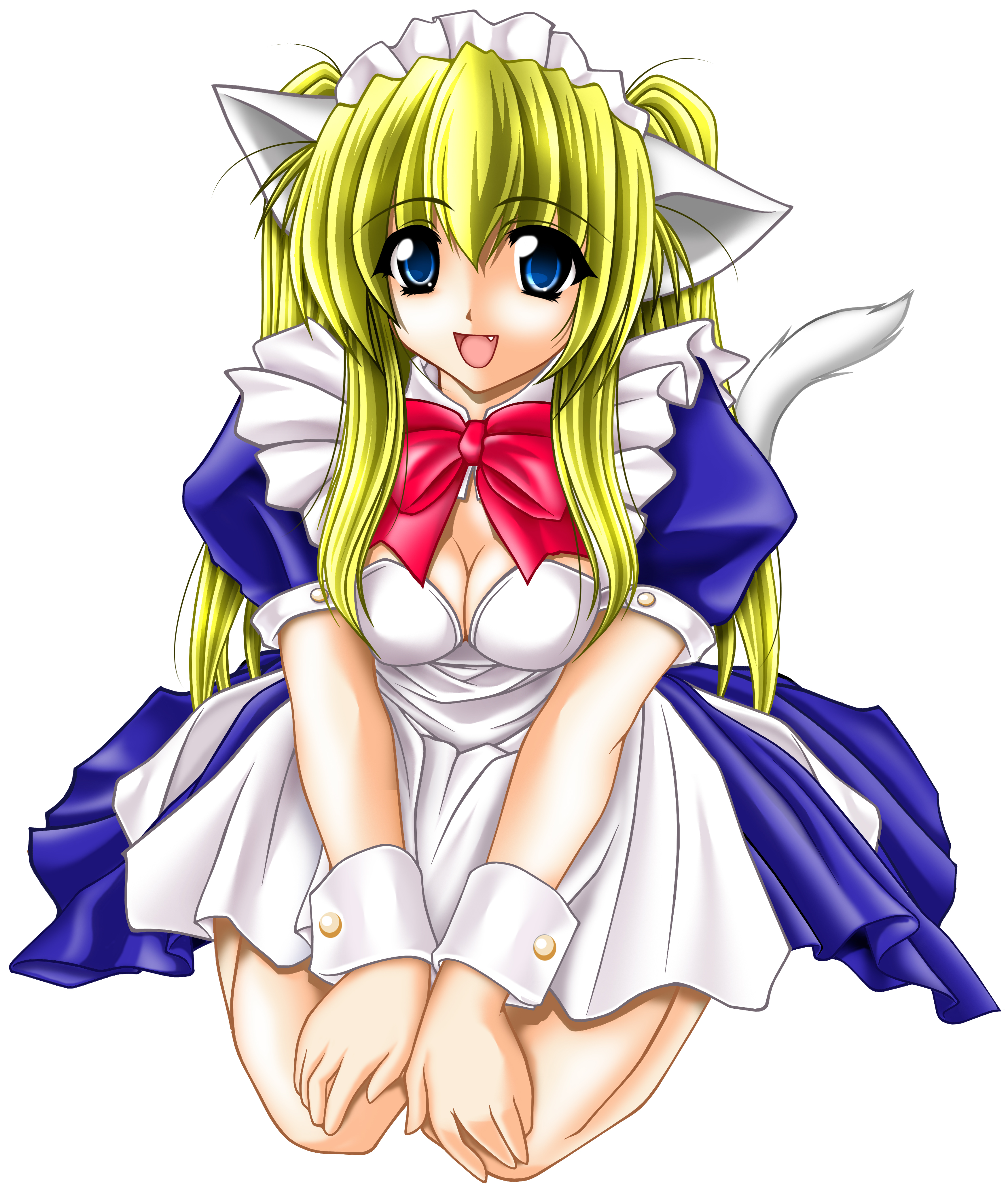 tomoya kankurou, absurdres, highres, 1girl, animal ears, blonde hair, blue eyes, bow, breasts, cat ears, cat tail, cleavage, fang, female focus, full body, maid, medium breasts, simple background, solo, tail, white background