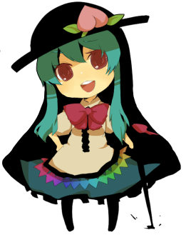 azuma seiji, hinanawi tenshi, touhou, lowres, 1girl, chibi, female focus, food, hat, solo