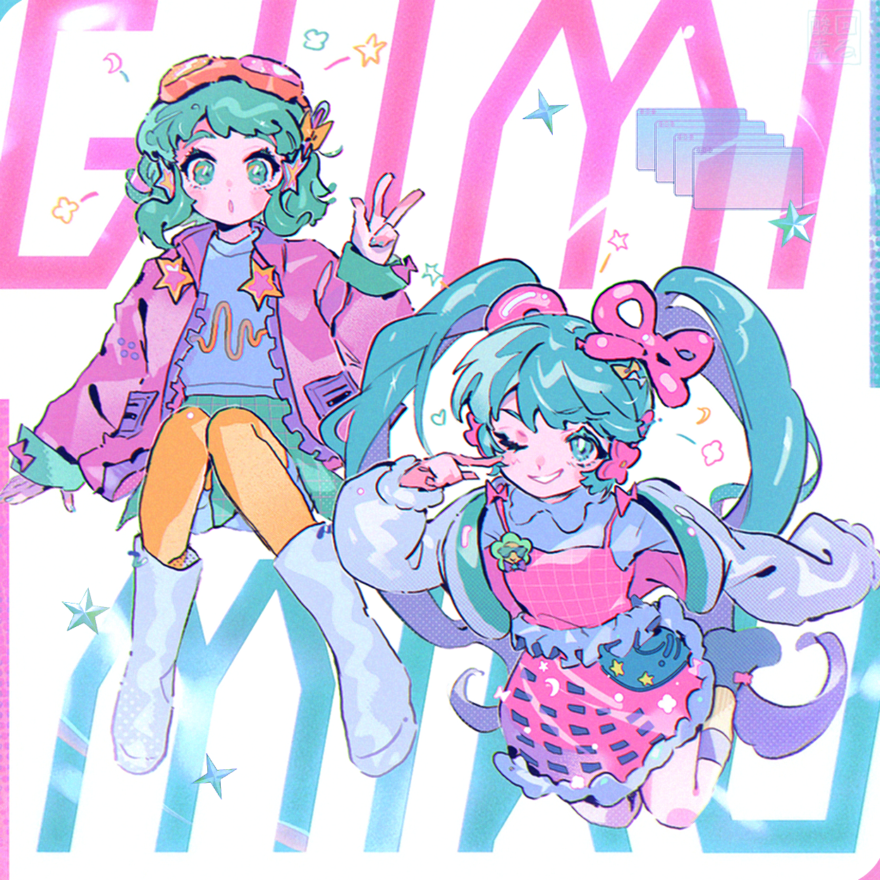 mawarusanso, gumi, hatsune miku, vocaloid, commentary request, highres, 2girls, arm support, boots, character name, dress, full body, goggles, goggles on head, green hair, green skirt, index finger raised, jacket, long hair, multiple girls, one eye closed, orange pantyhose, pantyhose, pink dress, pink jacket, skirt, twintails, v, window (computing)