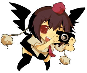 azuma seiji, shameimaru aya, touhou, lowres, 1girl, black thighhighs, chibi, female focus, hat, looking at viewer, open mouth, smile, solo, thighhighs