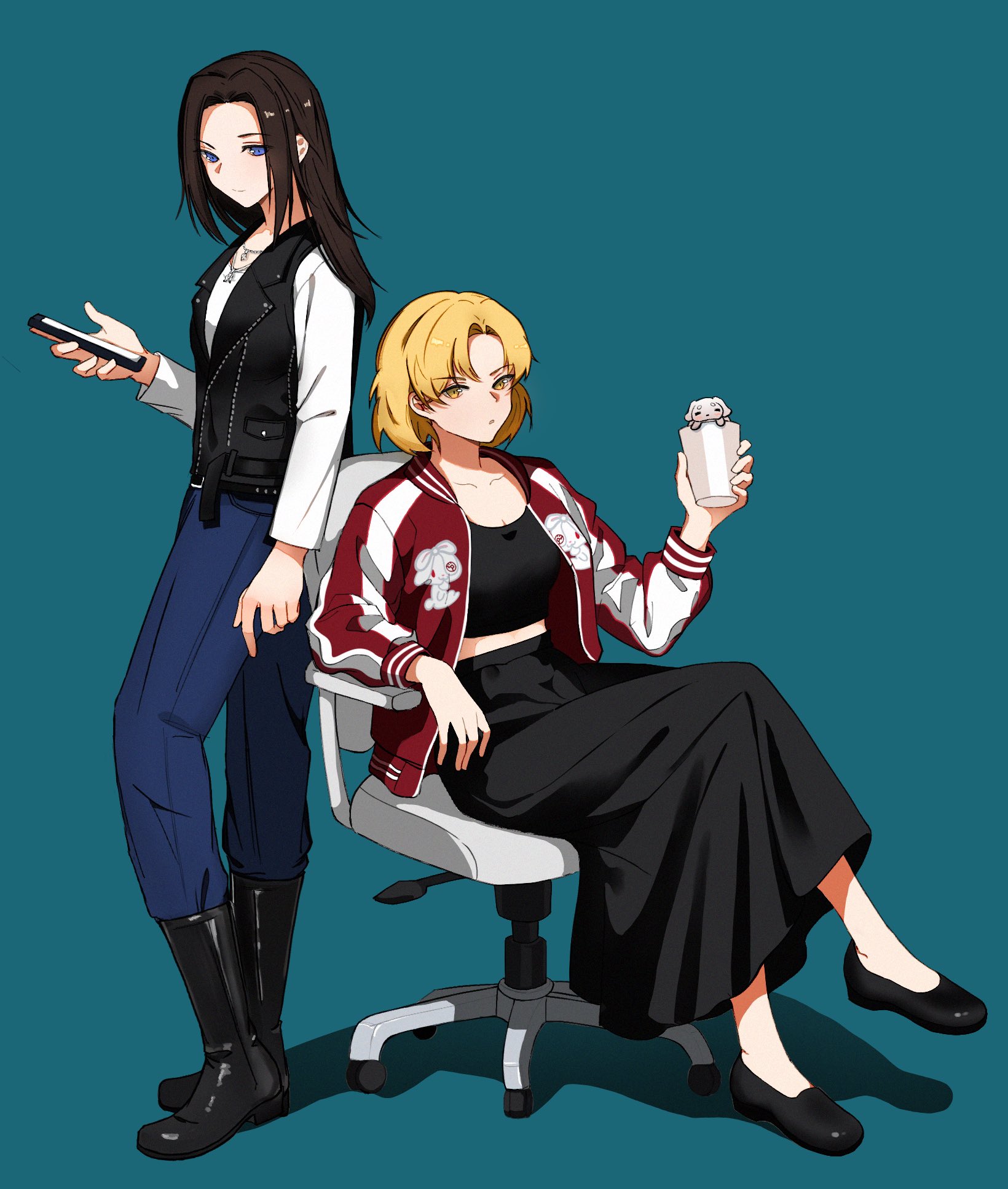 sato masuki, wakana rei, bang dream!, highres, 2girls, black hair, black shoes, black skirt, black vest, blonde hair, blue background, blue eyes, boots, breasts, cellphone, chain135827, chair, collarbone, denim, full body, glass, holding, holding phone, jacket, jeans, long hair, looking at viewer, medium breasts, multiple girls, pants, phone, shirt, shoes, short hair, simple background, sitting, skirt, standing, vest, white shirt, yellow eyes