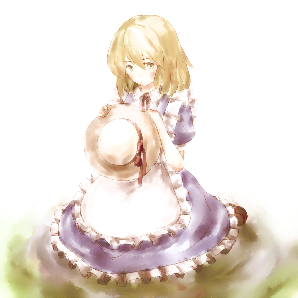 serene (gusarme), serene (pixiv66339), kana anaberal, poltergeist, phantasmagoria of dim.dream, touhou, touhou (pc-98), 1girl, apron, blonde hair, dress, female focus, hat, holding, holding unworn clothes, holding unworn hat, long hair, looking at viewer, sitting, solo, unworn hat, unworn headwear, yellow eyes