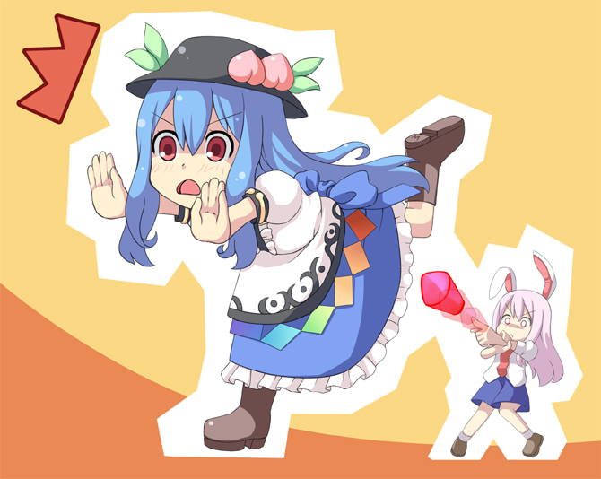 masuneko, hinanawi tenshi, reisen udongein inaba, touhou, touhou hisoutensoku, silver hair, bad id, bad pixiv id, 2girls, ^^^, animal ears, blue skirt, chibi, female focus, food, fruit, full body, hat, leaf, multiple girls, peach, puffy short sleeves, puffy sleeves, rabbit ears, rainbow order, red eyes, shirt, short sleeves, skirt, white shirt