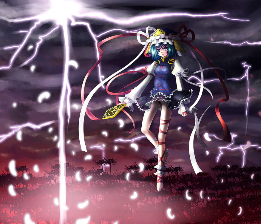 mikazuki sara, shiki eiki, touhou, bad id, bad pixiv id, 1girl, ankle garter, barefoot, female focus, flower, green eyes, green hair, hat, leg ribbon, lightning, matching hair/eyes, nature, outdoors, petals, red flower, ribbon, rod of remorse, short hair, sky, solo, spider lily