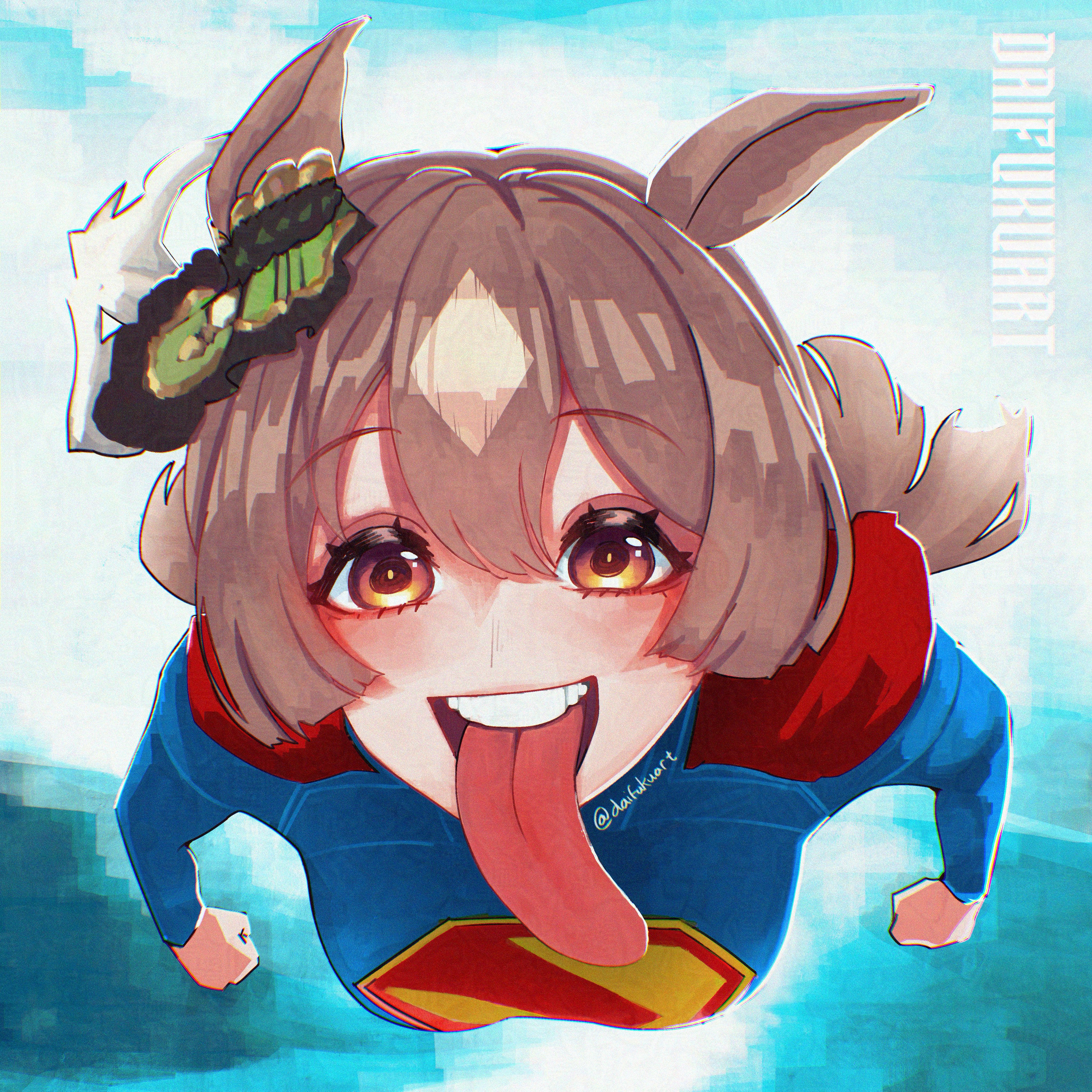 daifukuart, satono diamond (umamusume), superman, dc comics, superman (2025), superman (series), umamusume, absurdres, commentary, english commentary, highres, 1girl, animal ears, blue bodysuit, blush, bodysuit, brown hair, cape, cosplay, flying, freaky satono diamond (meme), horse ears, horse girl, long tongue, looking at viewer, meme, orange eyes, red cape, solo, superman (cosplay), teeth, tongue, tongue out, twitter username, upper teeth only