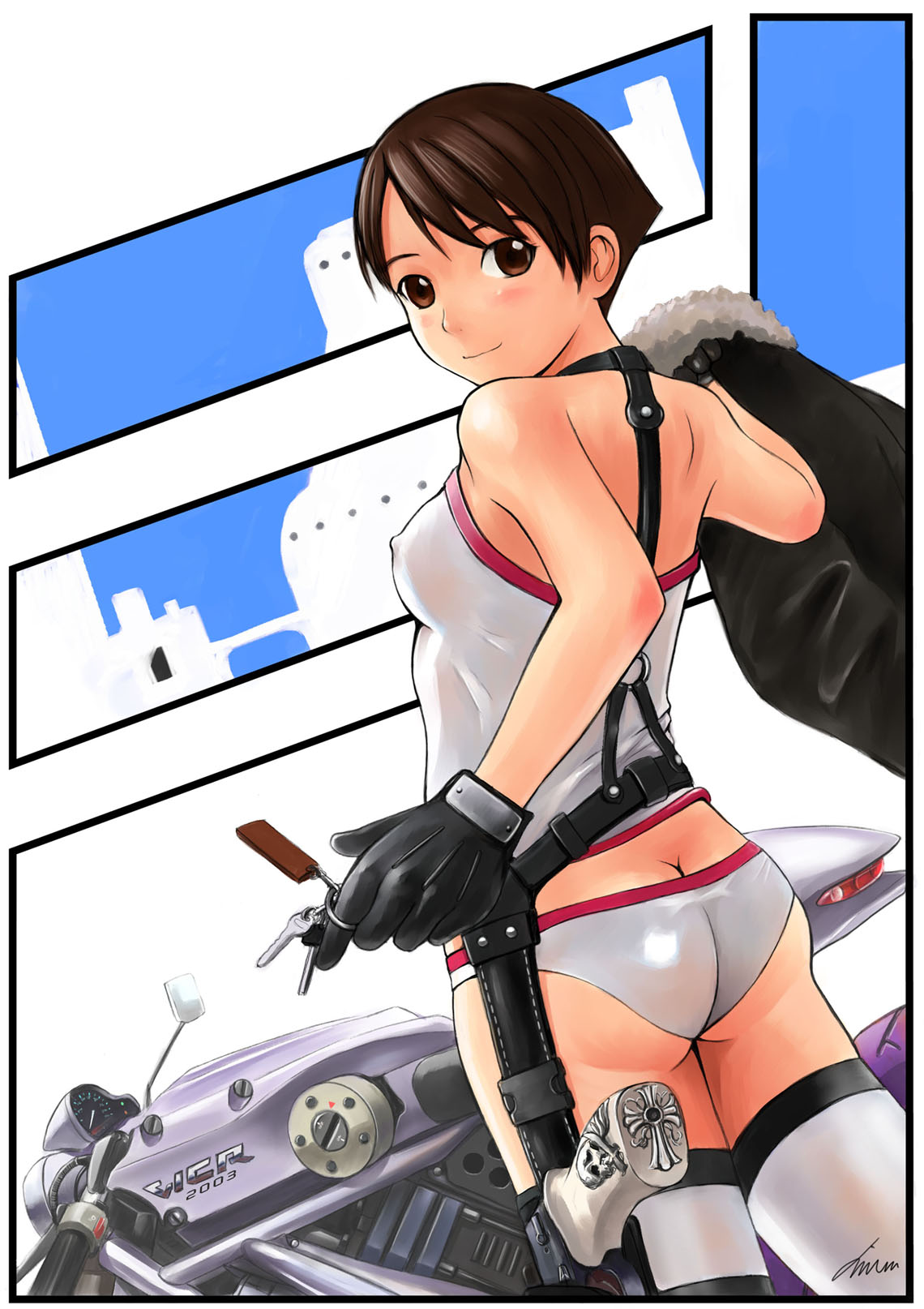 mimura kaoru, original, vehicle, highres, 1girl, ass, back, breasts, brown eyes, brown hair, covered erect nipples, female focus, gloves, gun, handgun, looking back, motor vehicle, motorcycle, pistol, short hair, small breasts, solo, thighhighs, weapon