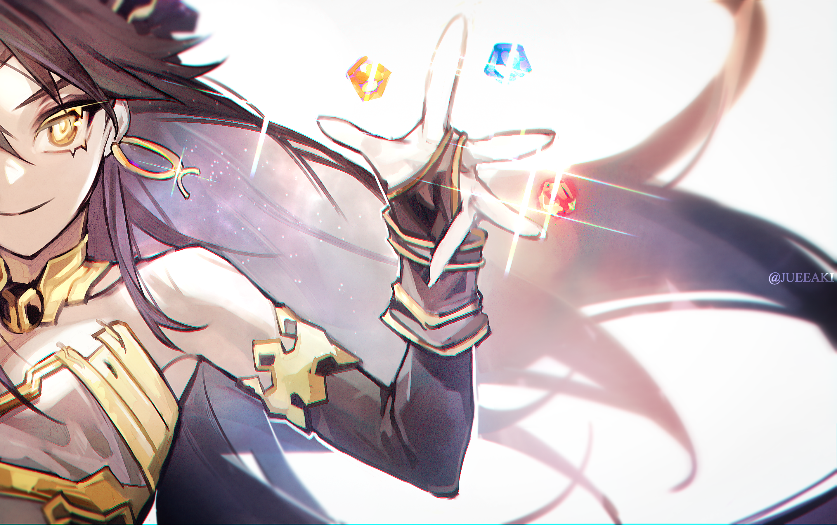 eeju, ishtar (fate), fate/grand order, fate (series), commentary request, highres, 1girl, black hair, bridal gauntlets, crystal, eyelashes, glint, light particles, long hair, looking at viewer, simple background, smile, solo, twitter username, white background, yellow eyes