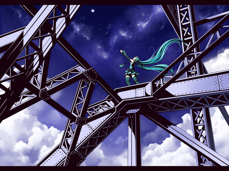 torigoe takumi, hatsune miku, vocaloid, 1girl, aqua hair, architecture, day, detached sleeves, female focus, letterboxed, long hair, miniskirt, necktie, skirt, sky, smile, solo, star (sky), thighhighs, twintails, zettai ryouiki