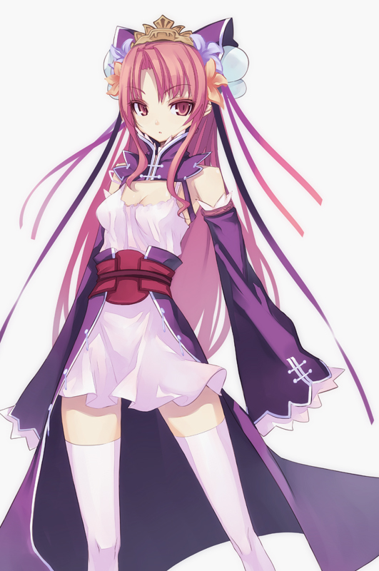 shingo (missing link), xiao qiao, sangokushi taisen, 1girl, colored eyelashes, detached sleeves, dress, eyelashes, eyeshadow, female focus, hair ornament, long hair, makeup, pink eyes, pink hair, solo, thighhighs, white thighhighs, zettai ryouiki