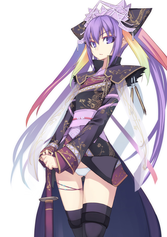 shingo (missing link), touhaku, sangokushi taisen, 1girl, colored eyelashes, eyelashes, eyeshadow, female focus, headdress, long hair, lowleg, lowleg panties, makeup, multicolored hair, panties, solo, sword, thighhighs, twintails, underwear, weapon, white panties