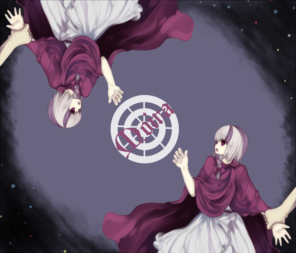 shiina aya, artemisia, eleuseus, moira, sound horizon, silver hair, 1boy, 1girl, apron, braid, dress, long sleeves, look-alike, red dress, short hair, short hair with long locks, siblings, side braid, single braid, symmetry, text focus, twins, waist apron