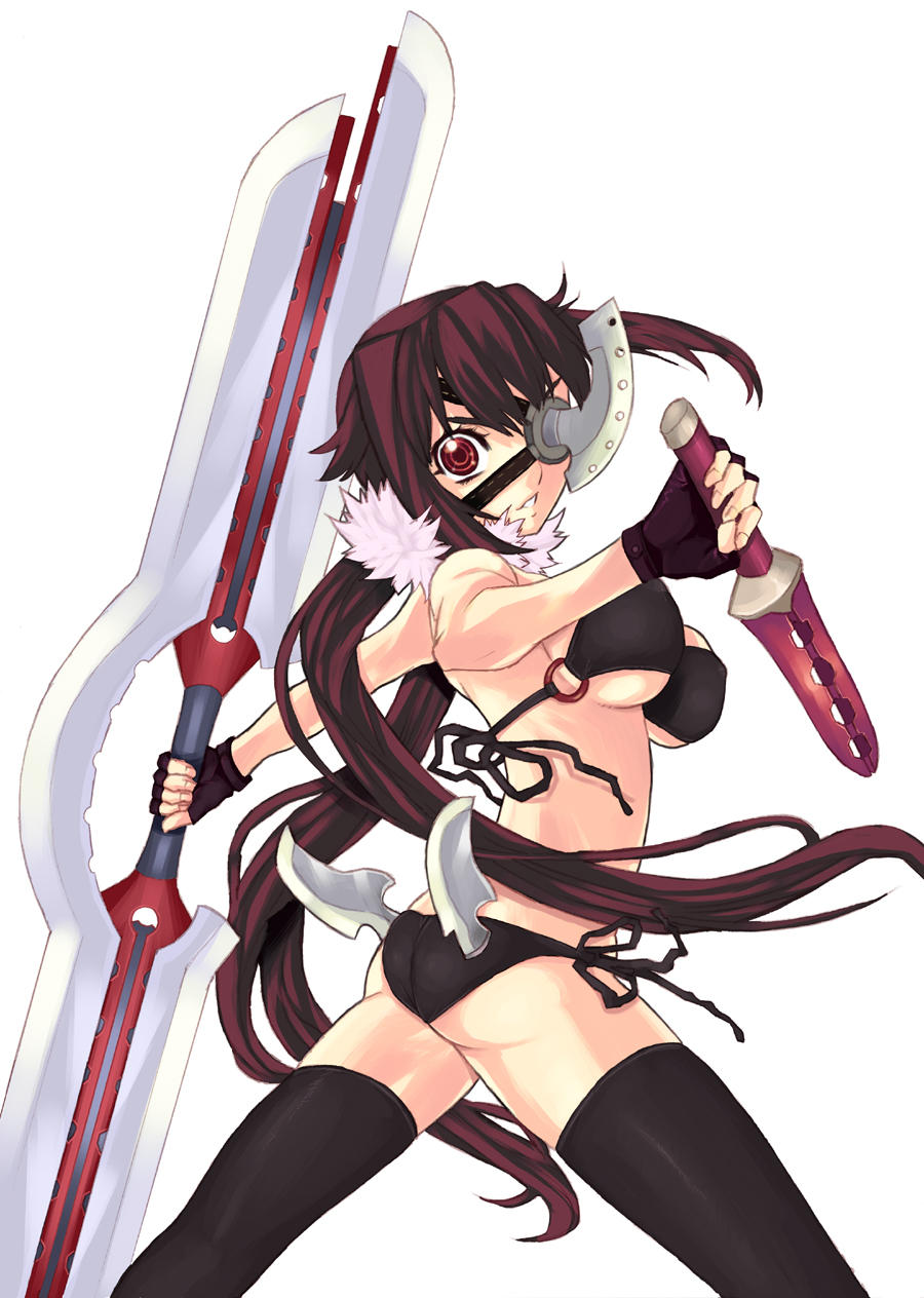 nagy, highres, 1girl, ass, bikini, black bikini, breasts, double blade, fantasy, female focus, gloves, large breasts, long hair, red eyes, solo, swimsuit, sword, thighhighs, twintails, weapon, what