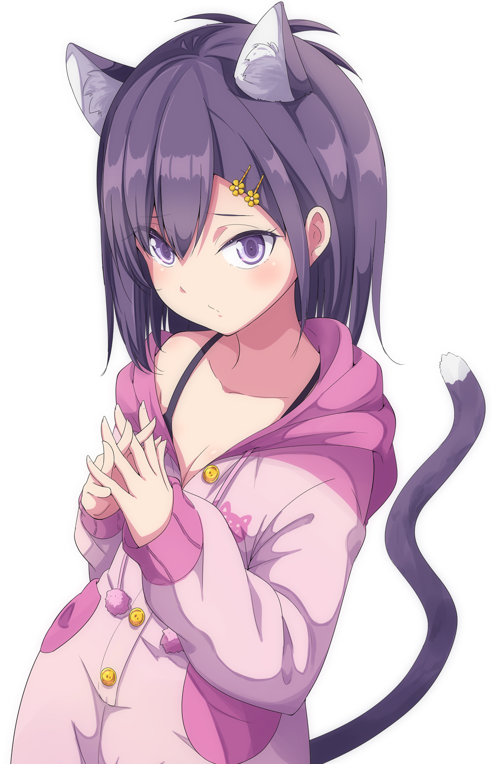 ukami, vignette tsukinose april, gabriel dropout, highres, 1girl, alternate costume, animal ears, bra, breasts, cat ears, cat girl, cat tail, hair ornament, looking at viewer, medium breasts, official alternate costume, pajamas, purple eyes, purple hair, short hair, simple background, solo, standing, tail, underwear, white background