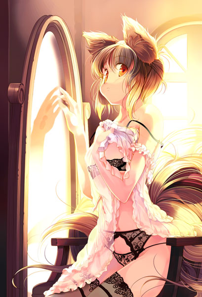 hanpen, puus, animal ears, bra, fox ears, fox tail, garter belt, lingerie, mirror, panties, see-through clothes, solo, tail, thighhighs, underwear