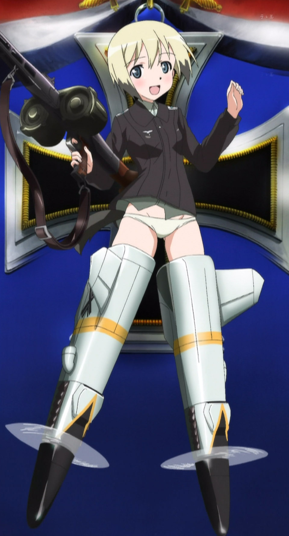 erica hartmann, strike witches, world witches series, uniform, highres, non-web source, 00s, 1girl, blonde hair, blue eyes, double-drum magazine, drum magazine, female focus, gun, high-capacity magazine, machine gun, magazine (weapon), medal, mg42, multicolored hair, panties, saddle-drum, smile, solo, striker unit, two-tone hair, underwear, weapon