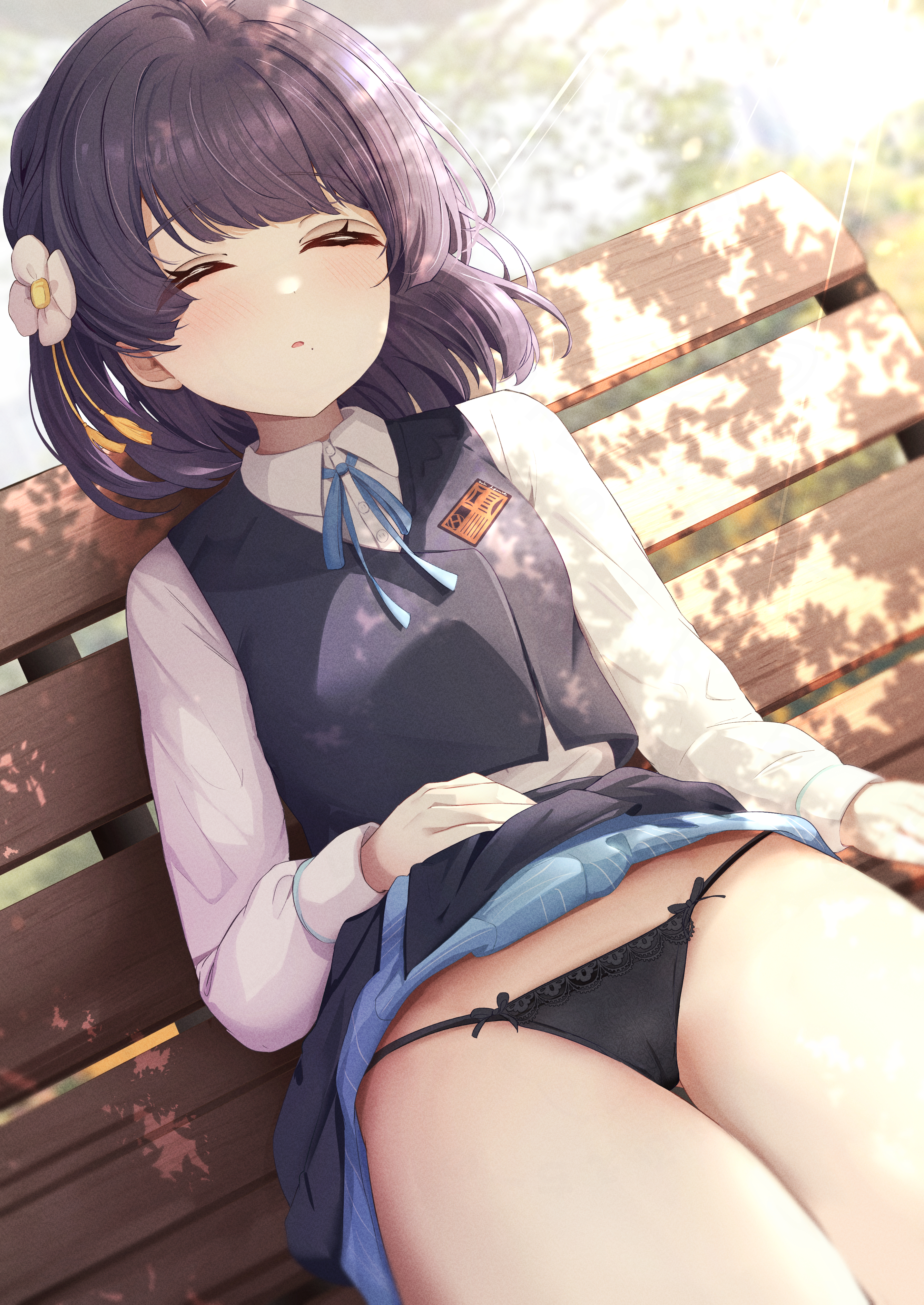 sky cappuccino, hataya misuzu, gakuen idolmaster, idolmaster, absurdres, highres, variant set, 1girl, black panties, closed eyes, clothes lift, flower, hair flower, hair ornament, hatsuboshi gakuen school uniform, panties, school uniform, shirt, skirt, skirt lift, sleeping, solo, underwear, vest