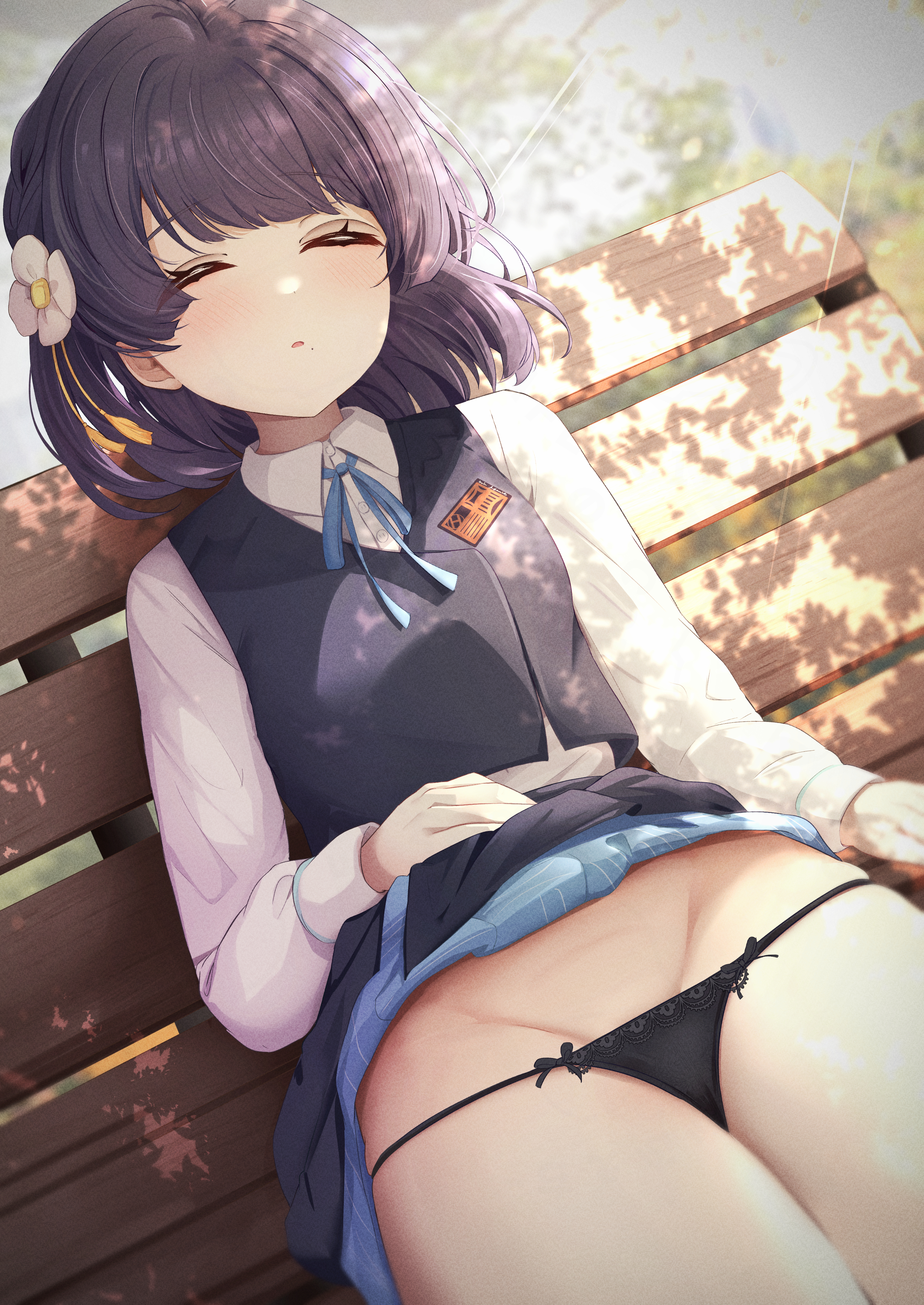 sky cappuccino, hataya misuzu, gakuen idolmaster, idolmaster, absurdres, highres, variant set, 1girl, black panties, closed eyes, clothes lift, flower, hair flower, hair ornament, hatsuboshi gakuen school uniform, panties, school uniform, shirt, skirt, skirt lift, sleeping, solo, underwear