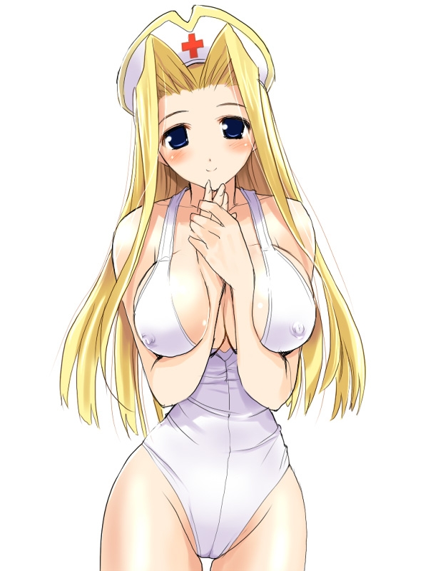 mint adenade, artist request, copyright request, tagme, 1girl, blonde hair, covered erect nipples, female focus, nurse, solo