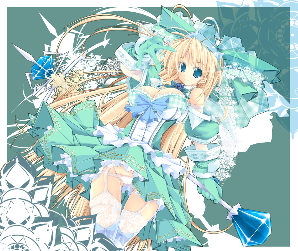 kudou takashi, kuon itsuki, bad id, bad pixiv id, blonde hair, blue eyes, breasts, garter belt, gloves, huge breasts, long hair, lowleg, lowleg panties, panties, parasol, solo, thighhighs, umbrella, underwear, very long hair