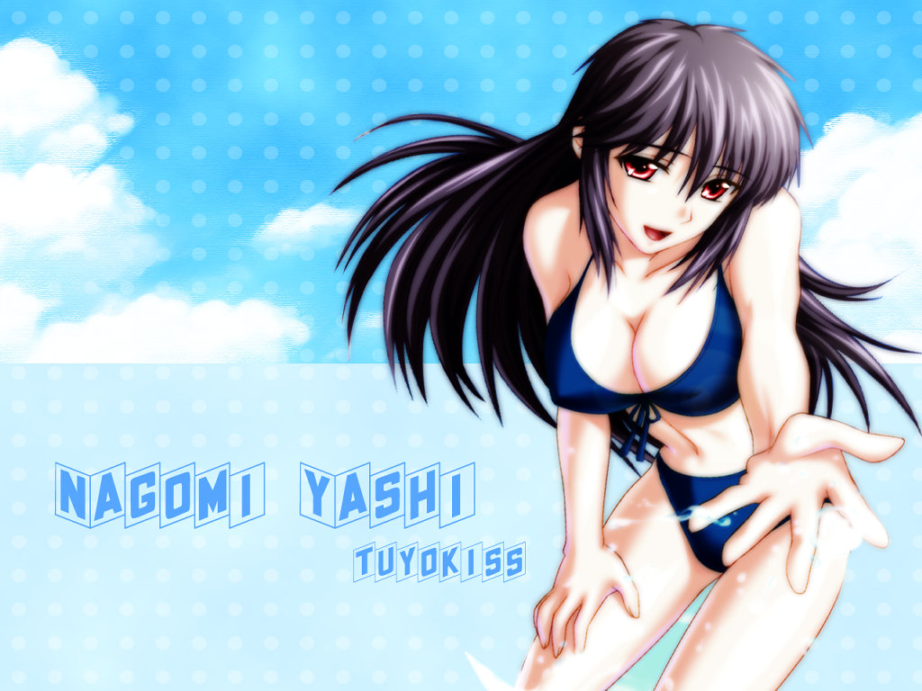 yashi nagomi, tsuyokiss, hand on leg, non-web source, 1girl, bikini, blue bikini, breasts, character name, cleavage, copyright name, female focus, large breasts, long hair, looking at viewer, open mouth, purple hair, red eyes, smile, solo, splashing, swimsuit