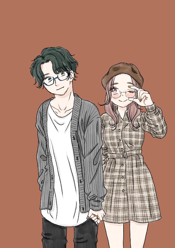original, commentary request, partial commentary, 1boy, 1girl, :d, adjusting eyewear, beret, black-framed eyewear, black eyes, black hair, black pants, blush, brown background, brown dress, brown eyes, brown hair, brown hat, brown nails, cardigan, closed mouth, collared dress, couple, cowboy shot, curtained hair, dress, erina08423467, eyelashes, forehead, glasses, grey cardigan, hat, holding hands, long hair, long sleeves, looking to the side, one eye closed, open cardigan, open clothes, open mouth, pants, plaid clothes, plaid dress, round eyewear, semi-rimless eyewear, shirt, short hair, simple background, smile, standing, unbuttoned, under-rim eyewear, white shirt