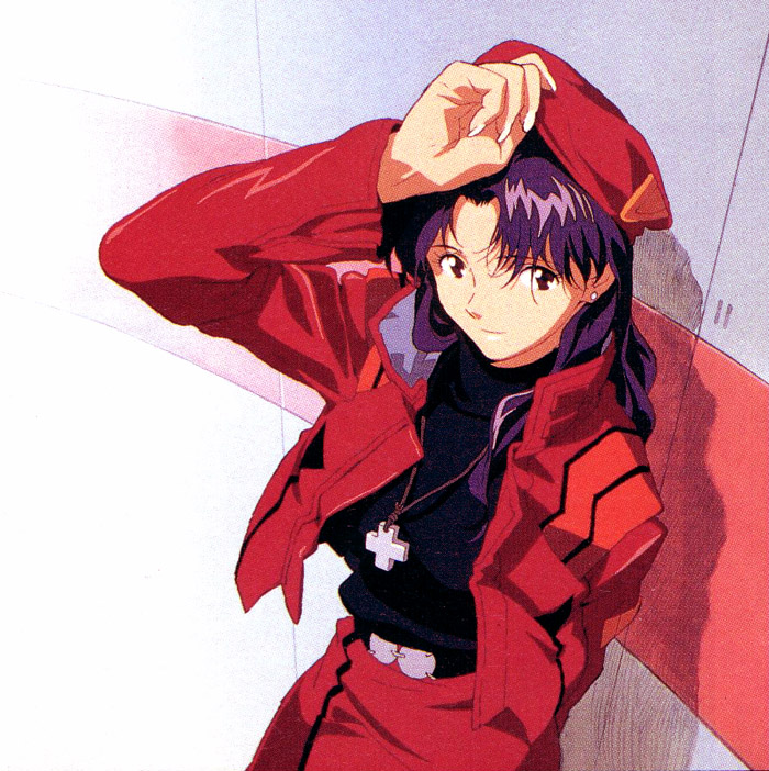 honda takeshi, katsuragi misato, gainax, neon genesis evangelion, official art, tagme, 1girl, cross, cross necklace, female focus, greek cross, hat, jewelry, necklace, pencil skirt, purple hair, skirt, smile, solo