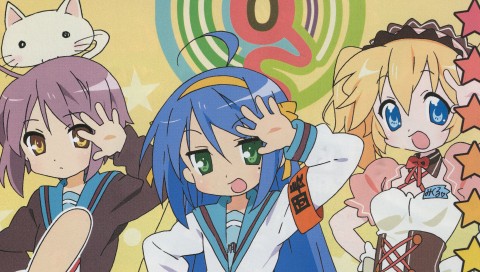 asahina mikuru, clerk nagato, hirano aya, iwasaki minami, izumi konata, nagato yuki, nyamou, patricia martin, suzumiya haruhi, hare hare yukai, lucky star, suzumiya haruhi no yuuutsu, lowres, non-web source, 3girls, asahina mikuru (cosplay), cathead, cosplay, mole, mole under eye, multiple girls, nagato yuki (cosplay), psp wallpaper, school uniform, serafuku, suzumiya haruhi (cosplay), voice actor connection
