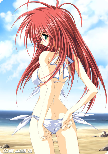 mitsuki mantarou, 1girl, ass, beach, bikini, butt crack, cowboy shot, day, female focus, green eyes, long hair, outdoors, red hair, solo, swimsuit, white bikini