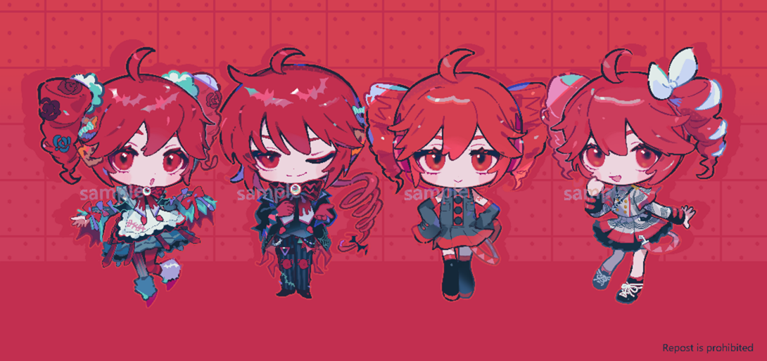 mawarusanso, kasane teto, utau, commentary request, 1girl, ahoge, black jacket, chibi, chibi only, detached sleeves, drill hair, full body, gloves, grey skirt, jacket, lineup, long sleeves, multiple views, open mouth, red eyes, red gloves, red hair, skirt, smile, twin drills, wristband