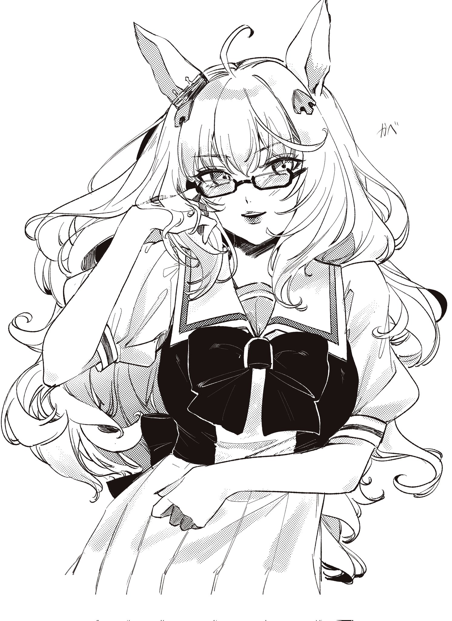 chikabe, biwa hayahide (umamusume), umamusume, commentary, highres, 1girl, ahoge, animal ears, artist name, bow, bowtie, breasts, cowboy shot, glasses, greyscale, hair ornament, hand in own hair, horse ears, horse girl, large breasts, lips, long hair, looking at viewer, monochrome, open mouth, pleated skirt, puffy short sleeves, puffy sleeves, sailor collar, school uniform, semi-rimless eyewear, serafuku, short sleeves, simple background, skirt, solo, summer uniform, tracen school uniform, under-rim eyewear, wavy hair, white background