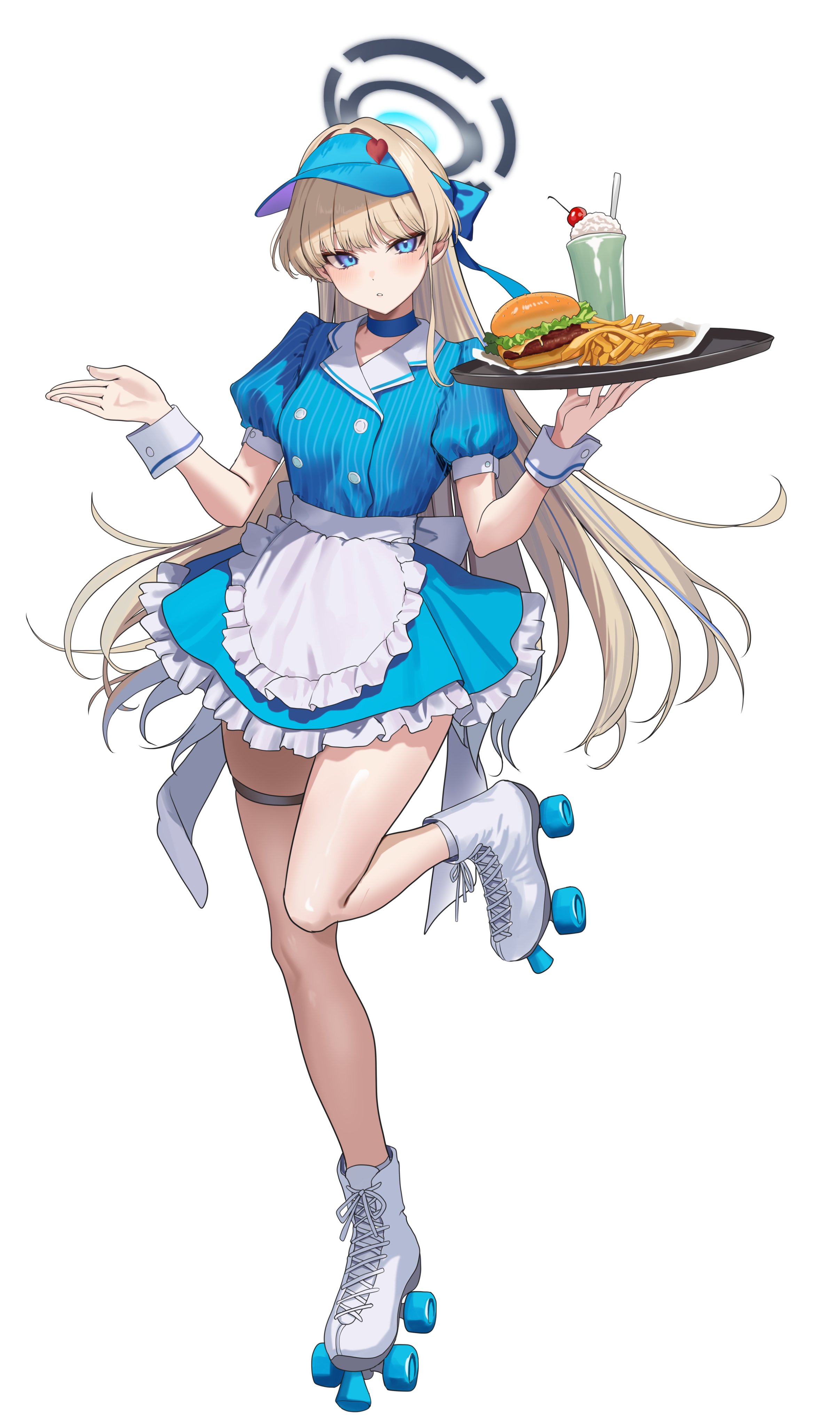 hidis0086, toki (blue archive), blue archive, absurdres, highres, 1girl, apron, blonde hair, blue eyes, blue halo, breasts, halo, inline skates, long hair, roller skates, skates, thigh strap, tray, visor cap, waitress