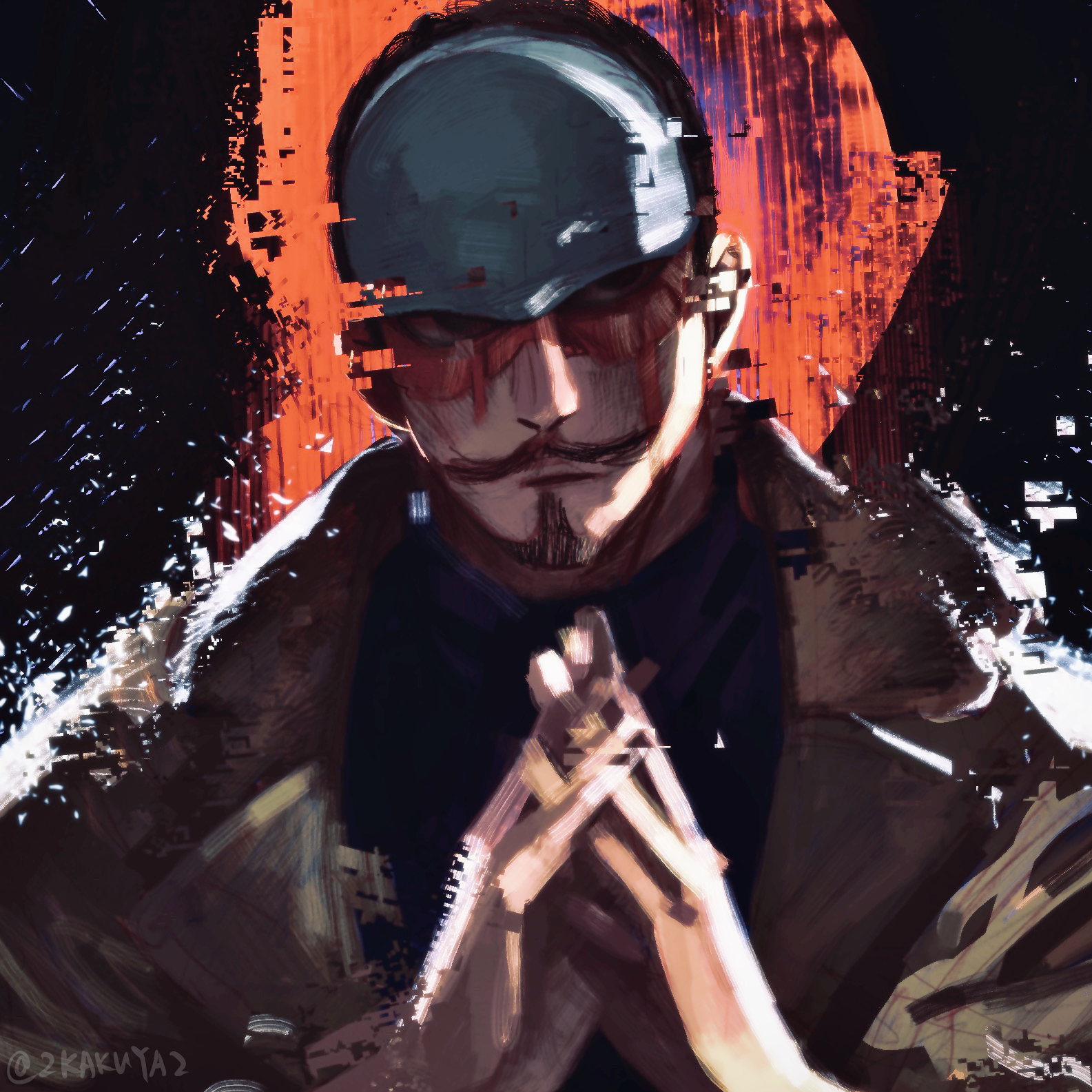 eeju, tsurumi tokushirou, golden kamuy, commentary request, highres, 1boy, black eyes, black shirt, brown coat, closed mouth, coat, facial hair, faux traditional media, goatee, long sleeves, male focus, mustache, scar, scar on face, shirt, signature, solo, upper body