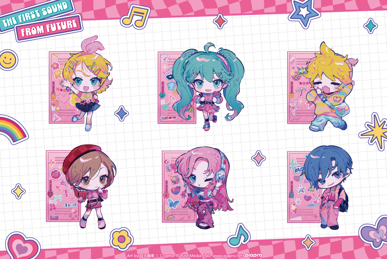 mawarusanso, hatsune miku, kagamine len, kagamine rin, kaito (vocaloid), megurine luka, meiko (vocaloid), vocaloid, commentary request, 2boys, 4girls, ahoge, arm up, backpack, bag, black skirt, blonde hair, blue eyes, blue hair, book, bracelet, brown hair, chibi, chibi only, hair ornament, hairclip, hat, headphones, holding, holding book, jewelry, locker, multiple boys, multiple girls, open mouth, pink hair, pink shirt, pleated skirt, red hat, shirt, short hair, skirt, striped clothes, striped shirt, twintails, yawning