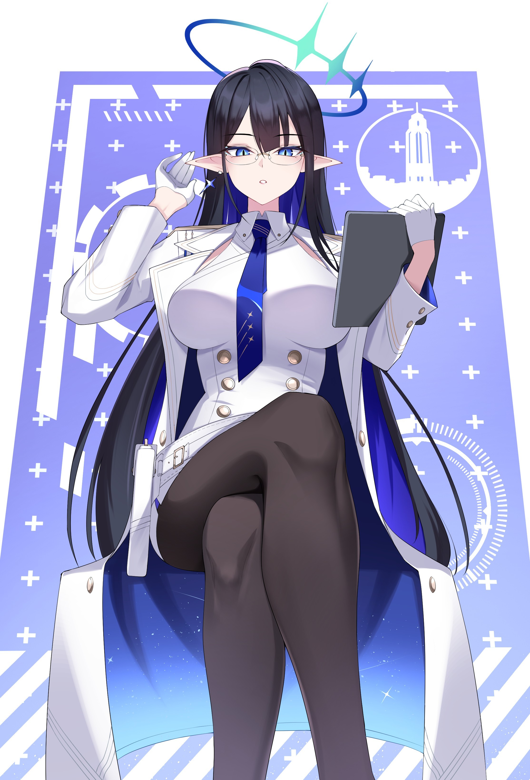kurosaki saya, rin (blue archive), blue archive, absurdres, highres, 1girl, black hair, black pantyhose, blue eyes, blue halo, blue necktie, blush, breasts, coat, colored inner hair, crossed legs, dress, elf, feet out of frame, glasses, gloves, halo, holding, holding tablet pc, large breasts, long hair, long sleeves, looking at viewer, mole, mole under eye, multicolored hair, necktie, open clothes, open coat, pantyhose, pointy ears, round eyewear, slit pupils, solo, tablet pc, very long hair, white coat, white dress, white gloves