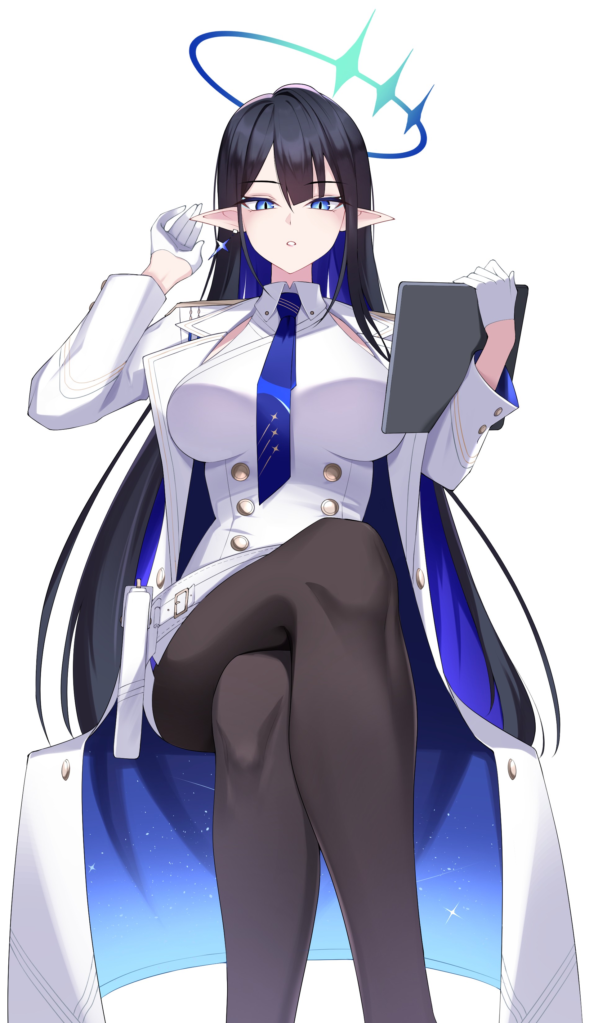 kurosaki saya, rin (blue archive), blue archive, absurdres, highres, 1girl, black hair, black pantyhose, blue eyes, blue halo, blue necktie, blush, breasts, coat, colored inner hair, crossed legs, dress, elf, feet out of frame, glasses, gloves, halo, holding, holding tablet pc, large breasts, long hair, long sleeves, looking at viewer, mole, mole under eye, multicolored hair, necktie, open clothes, open coat, pantyhose, pointy ears, round eyewear, simple background, slit pupils, solo, tablet pc, very long hair, white background, white coat, white dress, white gloves