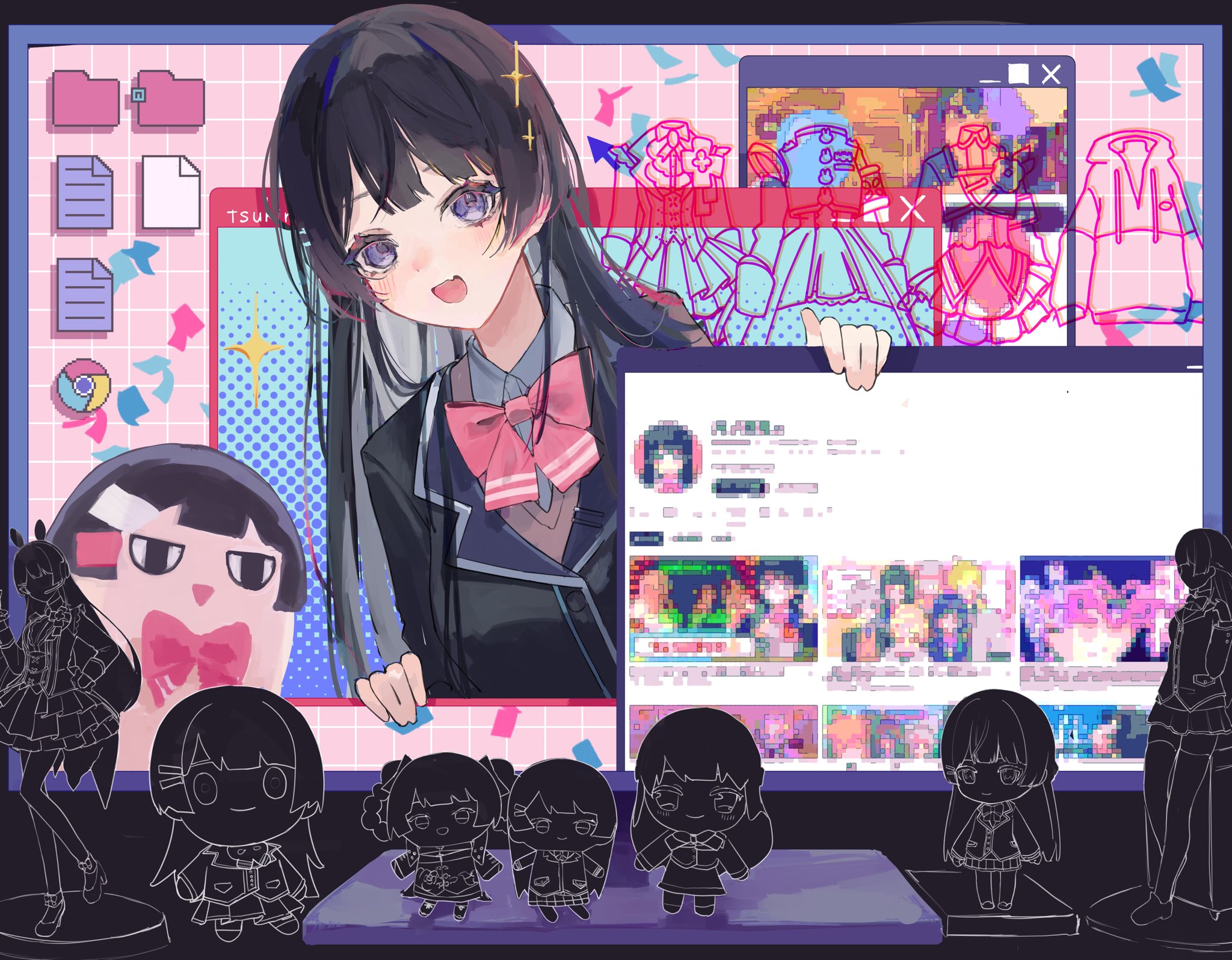 mito-chan (tsukino mito), tsukino mito, tsukino mito (1st costume), tsukino mito (china dress), tsukino mito (moon!!), tsukino mito (sporty), tsukino mito (tsuki no usagi ha virtual no yume wo miru), mito and kaede, nijisanji, youtube, commentary, highres, symbol-only commentary, 1girl, :d, black hair, black jacket, blush, bow, bowtie, character doll, colored lapels, cursor, desktop (computing), doll, dual persona, fang, figure, grid background, hand up, icon (computing), jacket, konsome9bu, lapels, leaning to the side, long hair, looking at viewer, monitor, nijisanji idol uniform, notched lapels, open mouth, pink background, pink bow, pink bowtie, purple eyes, screenshot inset, silhouette, skin fang, smile, sparkle, through medium, through screen, upper body, virtual youtuber, window (computing)