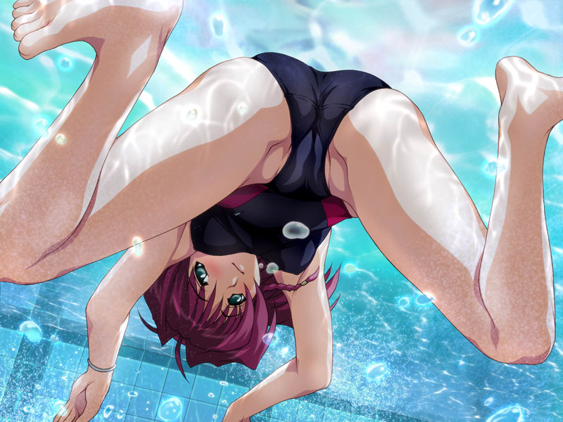 joy ride, sakurai waka, hanabana no omohi…, game cg, non-web source, 1girl, barefoot, bracelet, bubble, cameltoe, competition swimsuit, crotch, feet, green eyes, jewelry, legs, long hair, looking back, one-piece swimsuit, partially visible vulva, pool, purple hair, spread legs, swimming, swimsuit, toes, underwater, upside-down