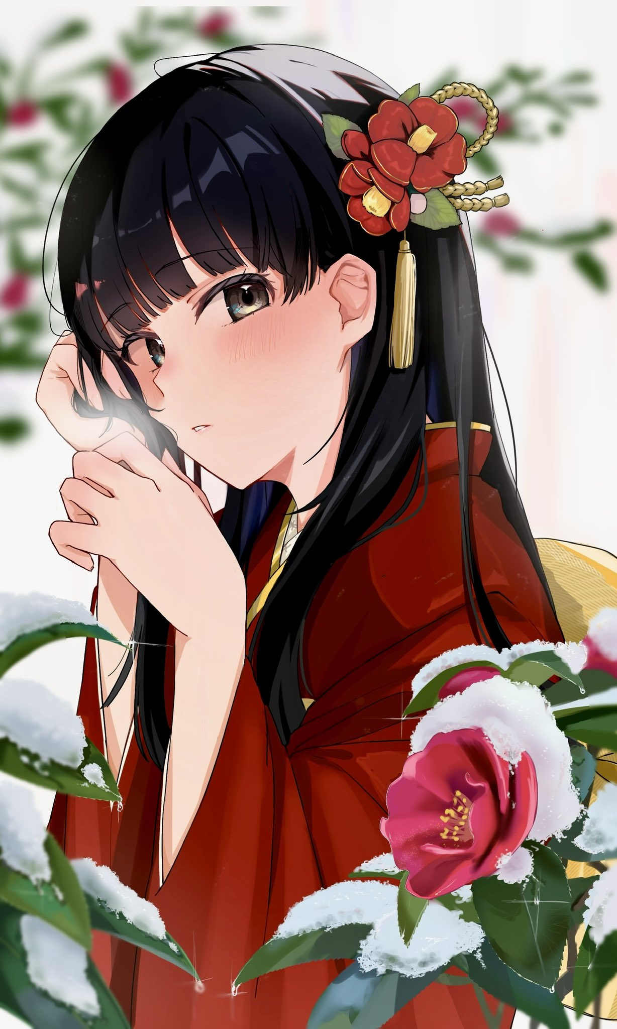 haofufufu1728, ayatsuji tsukasa, amagami, commentary, highres, 1girl, alternate costume, black eyes, black hair, blunt bangs, blush, flower, from side, hair behind ear, hair flower, hair ornament, hand in own hair, hands up, japanese clothes, kimono, long hair, long sleeves, looking at viewer, parted lips, red kimono, snow, solo, straight hair, upper body, wide sleeves