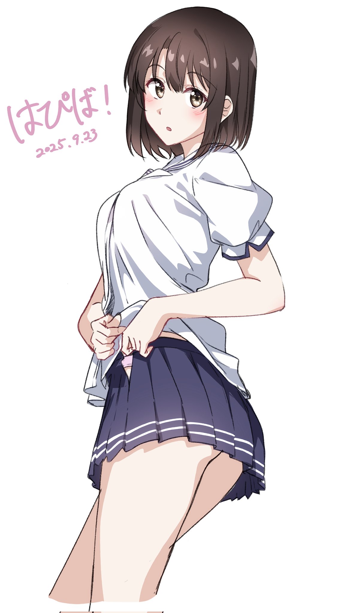 ukkii, katou megumi, saenai heroine no sodatekata, commentary request, corrupted twitter file, highres, 1girl, ass, black skirt, blush, breasts, brown eyes, brown hair, dated, happy birthday, large breasts, looking at viewer, miniskirt, official alternate hair length, official alternate hairstyle, open clothes, open mouth, open skirt, panties, panty peek, pleated skirt, school uniform, shirt, short hair, short sleeves, simple background, skirt, solo, thighs, toyogasaki academy school uniform, underwear, white background, white panties, white shirt