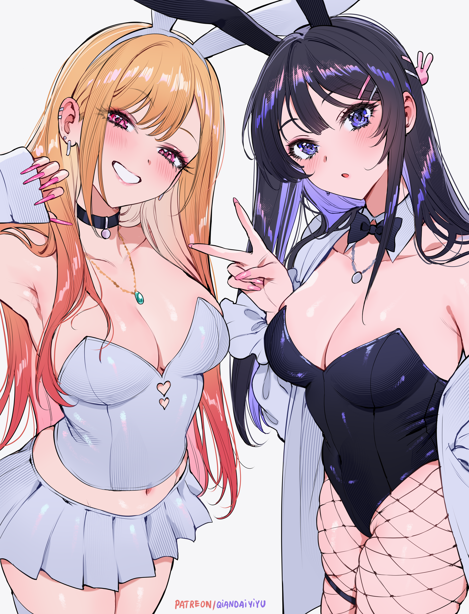 qiandaiyiyu, kitagawa marin, sakurajima mai, cloverworks, seishun buta yarou, sono bisque doll wa koi wo suru, absurdres, highres, 2girls, :o, animal ear hairband, animal ears, armpit crease, artist name, black bow, black bowtie, black choker, black hair, black leotard, blonde hair, blush, bowtie, breasts, choker, cleavage, company connection, covered navel, detached collar, fake animal ears, fake nails, female focus, fishnet pantyhose, fishnets, grin, gyaru, hair ornament, hairband, hairclip, jewelry, large breasts, leotard, long hair, looking at viewer, medium breasts, miniskirt, multicolored hair, multiple girls, necklace, pantyhose, patreon username, pink eyes, pink nails, playboy bunny, purple eyes, rabbit ear hairband, rabbit ears, season connection, skirt, smile, strapless, strapless leotard, teeth, thigh strap, thighhighs, v, very long hair, white background, white thighhighs