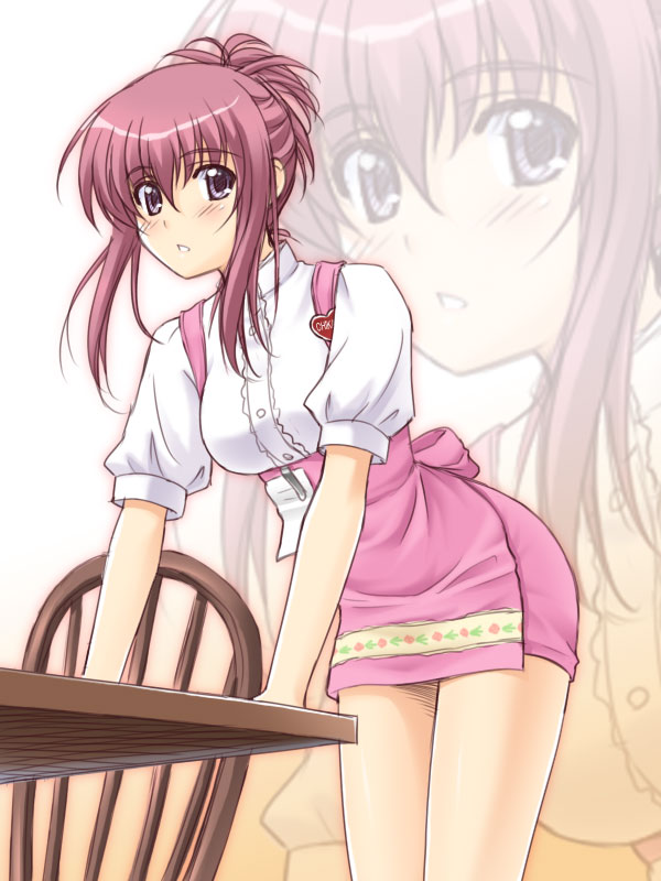 masakichi (crossroad), chikage (sister princess), anna miller, sister princess, 00s, 1girl, apron, bent over, chair, female focus, pink hair, purple eyes, sidelocks, solo, table, waitress, zoom layer