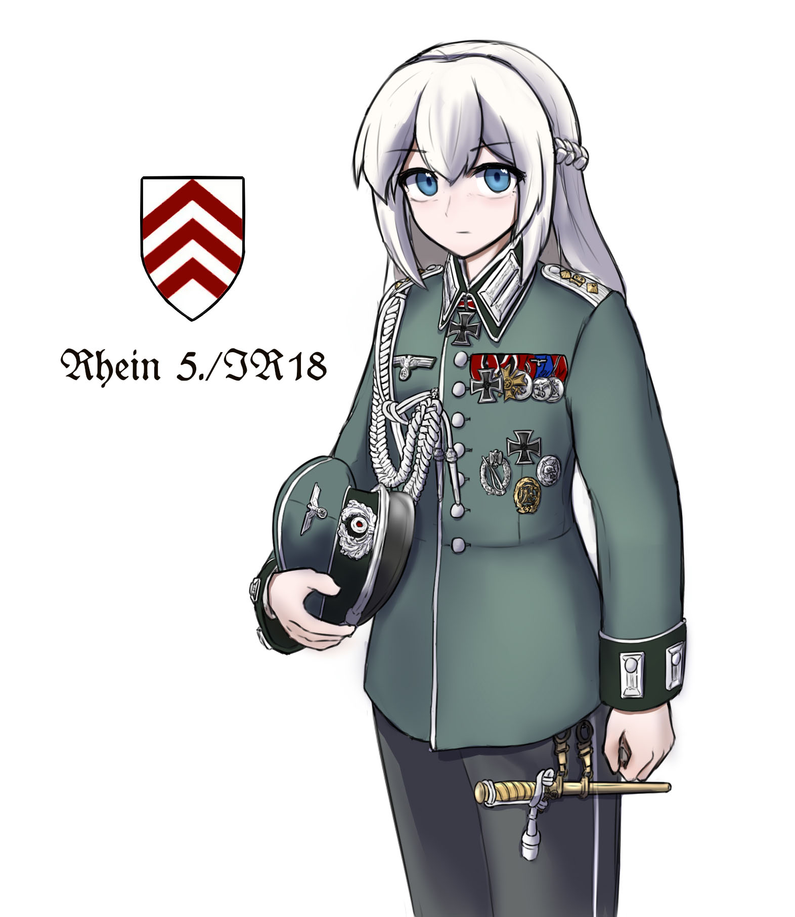 weimar 29, original, highres, 1girl, bangs over one eye, blue eyes, braid, cross, epaulettes, expressionless, eyelashes through hair, german army, german text, hair over eyes, hat, iron cross, long hair, looking at viewer, medal, medals, military, military hat, military uniform, pants, reichsadler, simple background, swastika, unworn headwear, wehrmacht, white background, white hair